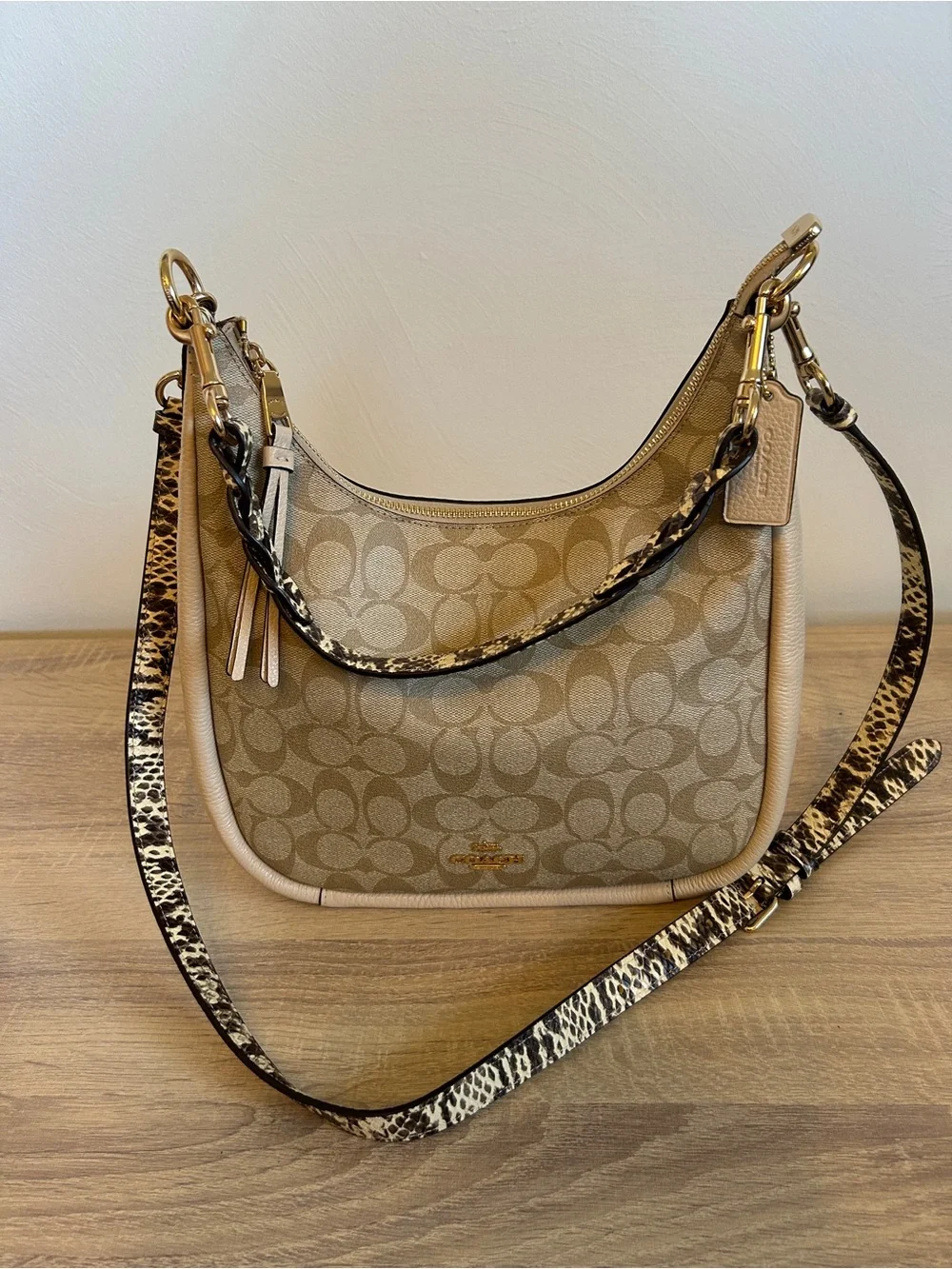 Coach Signature Canvas Hobo Bag in Khaki/Chalk with Animal-Print Strap